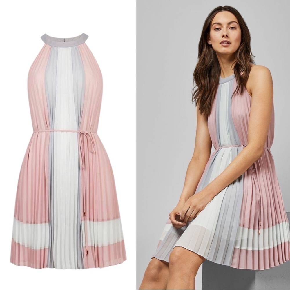 New! Ted Baker Lellian Dress Pleated Chiffon Colorblock Cocktail Party Dress